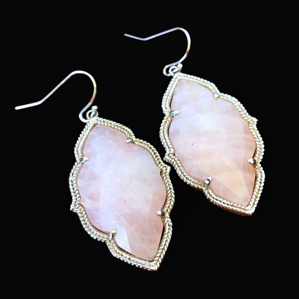 Artisan semiprecious rose quartz natural stone silver tone dangle drop earrings